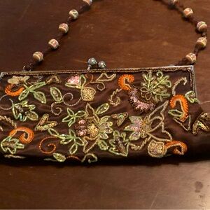 Embroidered Brown Clutch with Beaded Strap